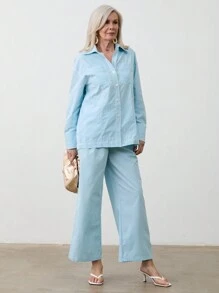 SHEIN LUNE 2 件套女士休闲撞色缝线长袖衬衫和阔腿裤套装，春季/秋季 - 薄荷綠 - 查看 5