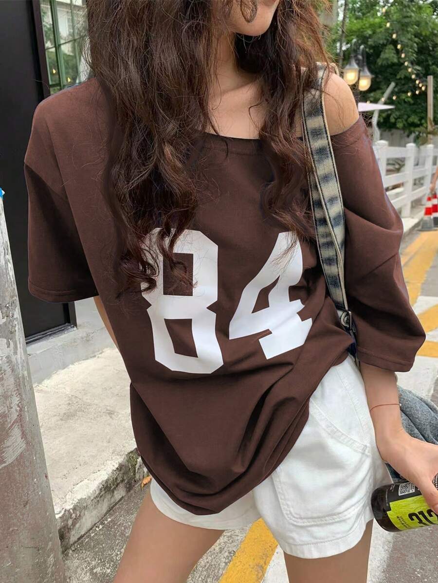 INAWLY 女士夏季数码印花不对称领口短袖休闲宽松 T 恤图案 T 恤女式上衣 - 咖啡棕 - 查看 1