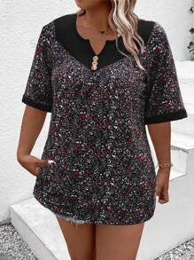 SHEIN LUNE Plus Size Floral Print Patchwork Short Sleeve Top, Casual Vacation - Black - View 1