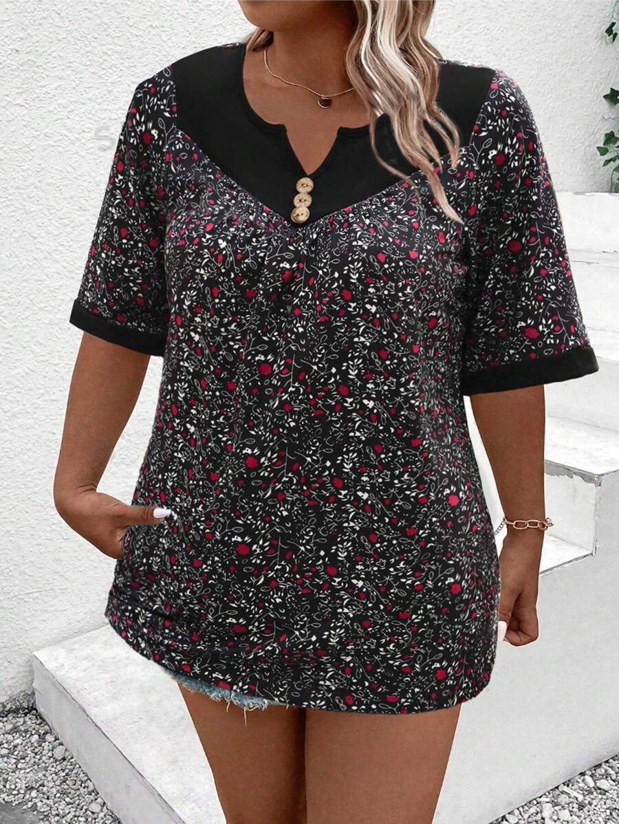SHEIN LUNE Plus Size Floral Print Patchwork Short Sleeve Top, Casual Vacation - Black - View 1