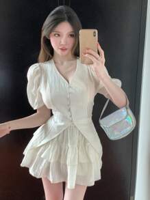 DAZY 2 件套女士夏季休闲纹理半透明衬衫和迷你裙套装