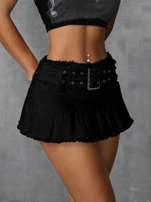 SHEIN ICON Women Frayed Waist Belt Washed Denim Mini Skirt