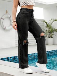 Breezaya 女式口袋直筒破洞毛边休闲百搭牛仔裤 - 黑色 - 查看 5