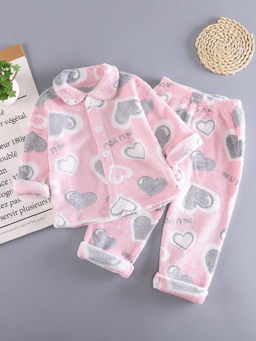 SHEIN 2件套少女简约云朵印花法兰绒长袖上衣和裤子休闲家居服套装