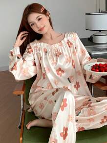 DAZY Satin Floral Print Ruffle Collar Pajama Set - Apricot - View 1