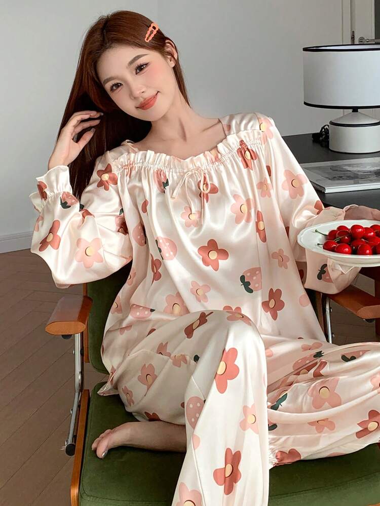 Satin Floral Print Ruffle Collar Pajama Set