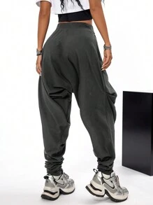 Coolane 女式秋季运动休闲宽松口袋舒适褶皱哈伦裤 - 深灰色 - 查看 2