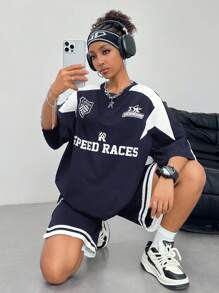 SHEIN Muchic Women's Streetwear Hip Hop Athletic Basketball Shorts T-Shirt - Navy Blue - View 3