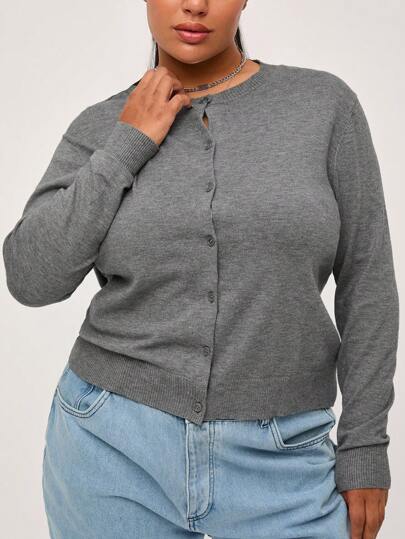 SHEIN BASICS Plain Casual Long Sleeve Plus Size Cardigan In Fall/Winter
