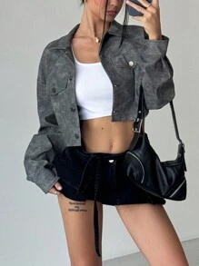 Muchica Women's Front Button Long Sleeve Pocket Short Casual Jacket - Grey - View 5