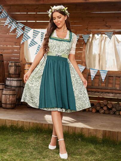 Chiquease Vestido con cremallera delantera de cintura estampado con bloqueo de color y floral para el 24º Oktoberfest de Alemania