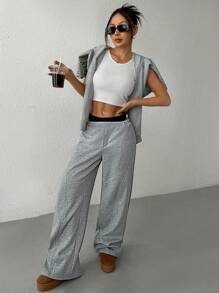 SHEIN EZwear Pantalones anchos casuales y versátiles de 2 en 1 con entrepierna ancha de punto gris para mujer