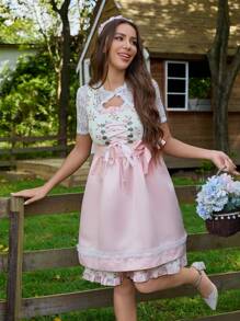 女士花朵印花蕾丝拼接系带短袖连衣裙 - 粉色 - 查看 5