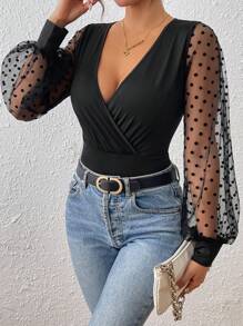 Chiquease 新款女式长袖 V 领波点网眼泡泡袖衬衫，时尚优雅，适合派对、约会、纤腰、百搭，春夏秋冬