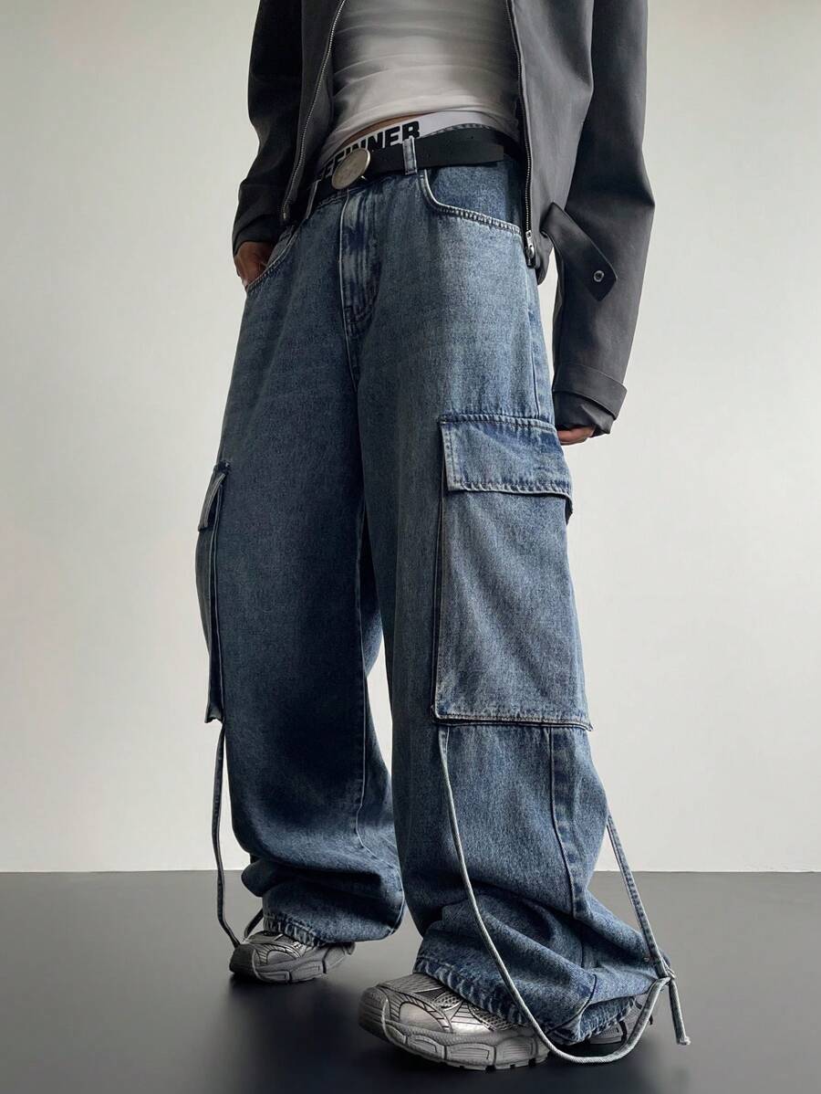 Manfinity Denimwave بنطال جينز واسع عتيق الغسل من اللون الأزرق الرمادي والأزرق البحري متعدد الجيوب للرجال - ازرق ضبابي - مشاهدة 1