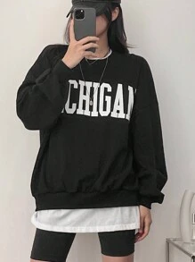 DAZY 女式超大圆领大字母印花卫衣，秋季，黑色卫衣，秋季女装 - 黑色 - 查看 6