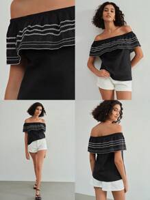 MOTF STUDIO EMBROIDERY RUFFLE TRIM OFF SHOULDER BLOUSE