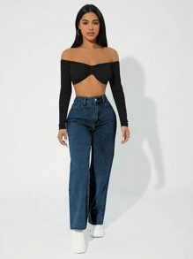 SHEIN PETITE 休闲洗水锥形牛仔裤 - 深色水洗藍 - 查看 4