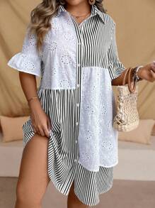SHEIN LUNE Plus Size Striped Print Hollow Embroidered Button-Front Casual Vacation Dress - Black - View 1