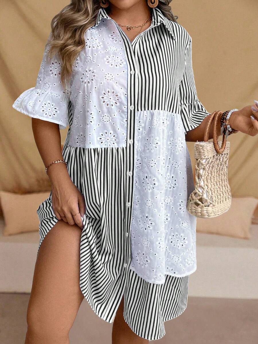 SHEIN LUNE Plus Size Striped Print Hollow Embroidered Button-Front Casual Vacation Dress - Black - View 1