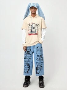 ROMWE MEN ROMWE Avant 男士休闲彩色卡通人物印花连帽衫，学校 - 杏色 - 查看 2