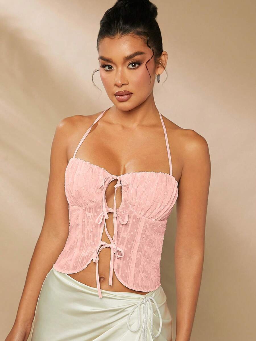 L'Amorae Lace-Up Embroidered Bustier Top With Halter Neck - Pink - View 1