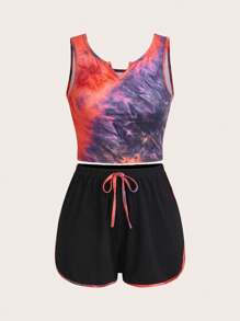 SHEIN Unity Women's Sleeveless V-Neck Allover Print Top And Drawstring Fashionable Shorts Set - Multicolor - View 1