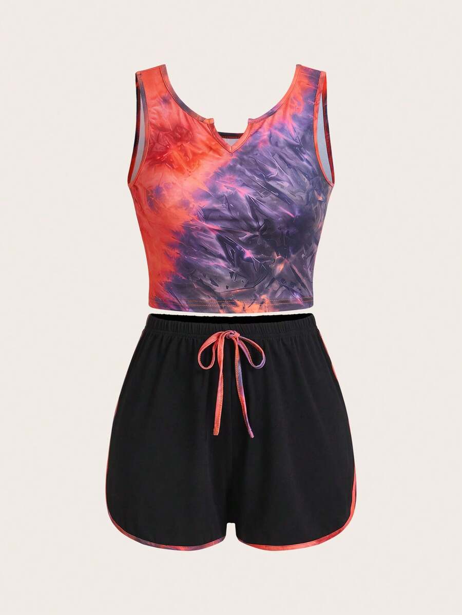 SHEIN Unity Women's Sleeveless V-Neck Allover Print Top And Drawstring Fashionable Shorts Set - Multicolor - View 1