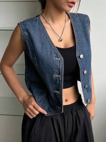DAZY 女士夏季休闲纽扣前背心牛仔上衣 - 深色水洗藍 - 查看 1