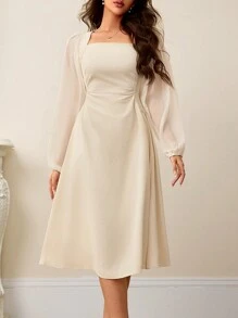 Aveloria Rosie 法式方领泡泡袖腰部镂空褶饰长袖女式连衣裙节日派对生日正式场合连衣裙女士秋季服装 - 杏色 - 查看 4