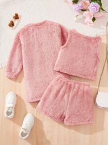 SHEIN Set de 3 piezas para niña joven que incluye cardigan de manga larga, top sin mangas y pantalones cortos informales - Rosa - Ver 2