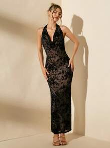 SHEIN BAE Women's Summer Sexy Flower Flocking Mesh Backless Halter Neck Long Dress - Black - View 4