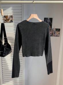 Comfortcana Camiseta corta de manga larga con cuello cuadrado y ajuste ceñido, con lavado ácido, para mujer - Negro - Ver 2