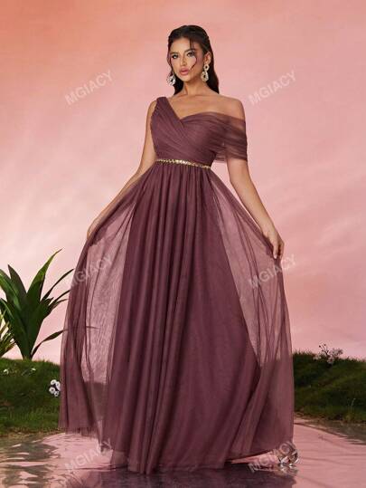Off-Shoulder Pleated Elegant Open Shoulder Asymmetrical Folded Sequin Waistband Mesh Dress, Bridesmaid Dress
