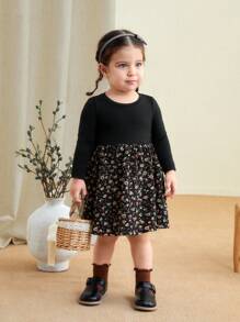 SHEIN LMoss Kids LMoss Baby Girl City Elegant Minimalist Ribbed Patchwork Ditsy Floral Dress, Fall/Winter - Black - View 8