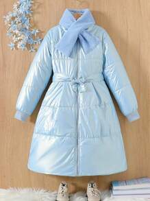 Tween Girl Winter Solid Color Long Sleeve Waist-Tied Casual Padded Coat - Blue - View 1