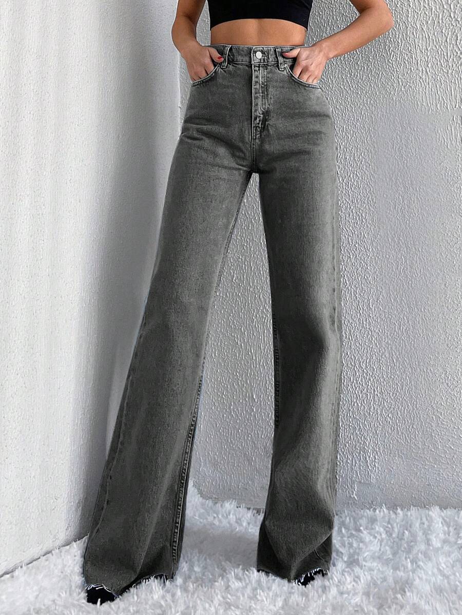 EURMUSE Hög midja råfåll Jeans med vida ben - Mörkgrå - Visa 1