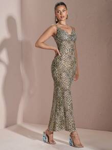 SHEIN BAE Summer Spaghetti Strap V Neck Animal Print Leopard Mesh Sheer Bodycon Dress - Green - View 5