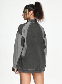 ROMWE Grunge Punk Damska kurtka dżinsowa z długimi rękawami i nadrukiem w bloki kolorów, wiosenna i jesienna - Wielokolorowe - Zobacz 4