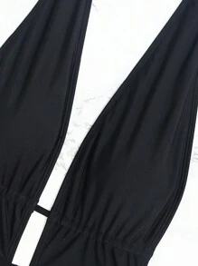 SHEIN Swim Conjunto de vestido de baño y traje de baño triangular con espalda descubierta y fruncido, unicolor, para vacaciones, para mujer en verano - Negro - Ver 5