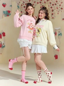 Strawberry Shortcake X SHEIN 2 Pairs Women Cartoon Character & Strawberry Pattern Mid-Calf Socks, Day
