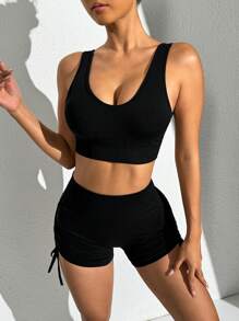 SHEIN Ladies' Solid Color Backless Tank Top And Long Pants Summer Sports Suitwomen Workout Set