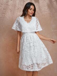 H&A 设计师白色 V 领分层荷叶边下摆花边蕾丝优雅连衣裙，适合节日、派对、新年前夜、情人节、生日服装、春季、节日 - 白色 - 查看 5