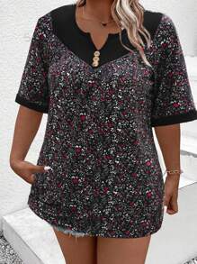 SHEIN LUNE Plus Size Floral Print Patchwork Short Sleeve Top, Casual Vacation - Black - View 3