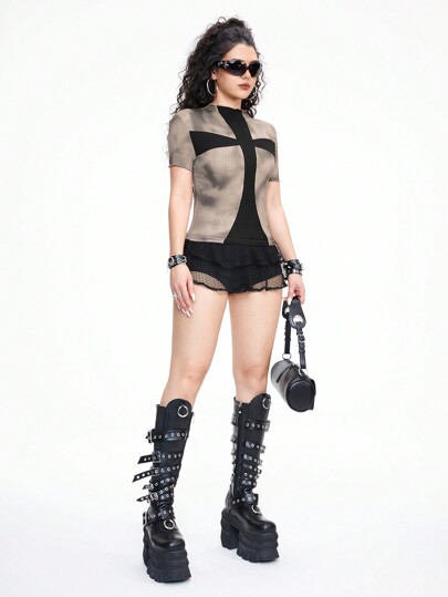 Grunge Punk Street Grungy Cross Patchwork Batik Elastisches, figurbetontes Kurzarm-T-Shirt für Damen