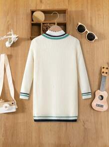 SHEIN Girls' V-Neck Color Block Pockets Cardigan Sweater, Mid-Length, Autumn - Apricot - View 2