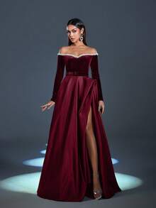 Faeriesty 露肩撞色天鹅绒缎面正式舞会礼服