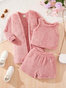 SHEIN Set de 3 piezas para niña joven que incluye cardigan de manga larga, top sin mangas y pantalones cortos informales - Rosa - Ver 1