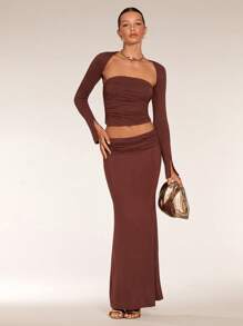 SHEIN BAE Conjunto de top corto de manga larga con cuello de cisne plisado y falda larga de unicolor, primavera verano, para mujer - Marrón - Ver 1