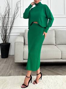 RueChic Mock Neck Drop Shoulder Jumper & Knit Skirt - Green - View 5
